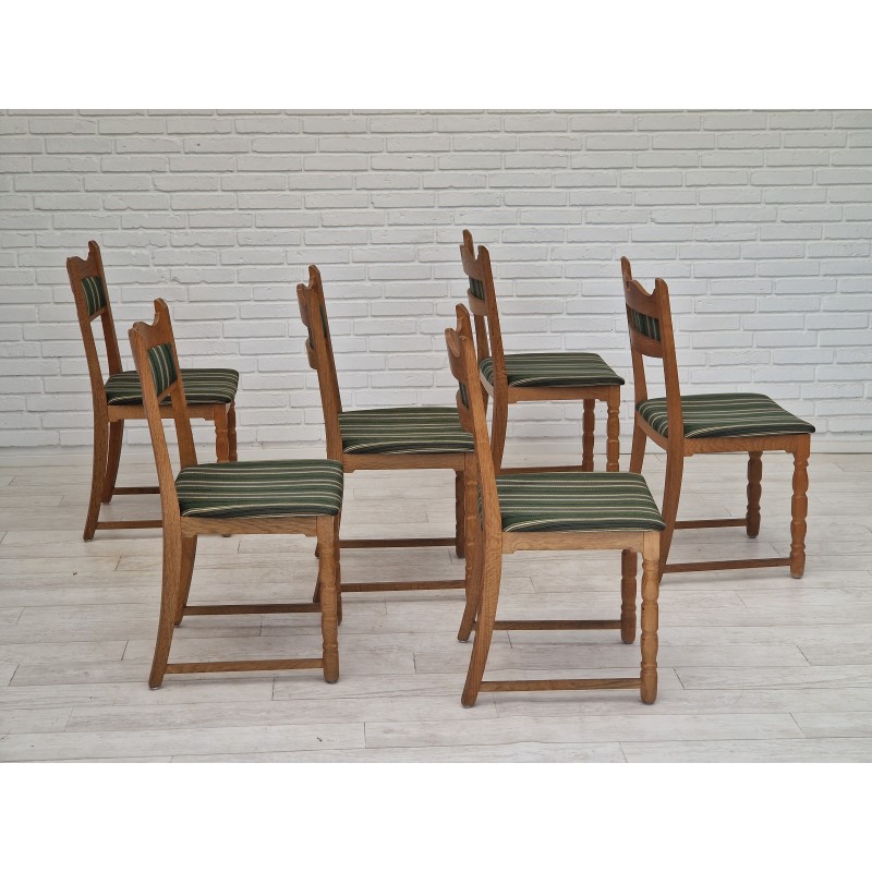 Set of 6 vintage Danish chairs in oak wood and furniture wool, 1970s