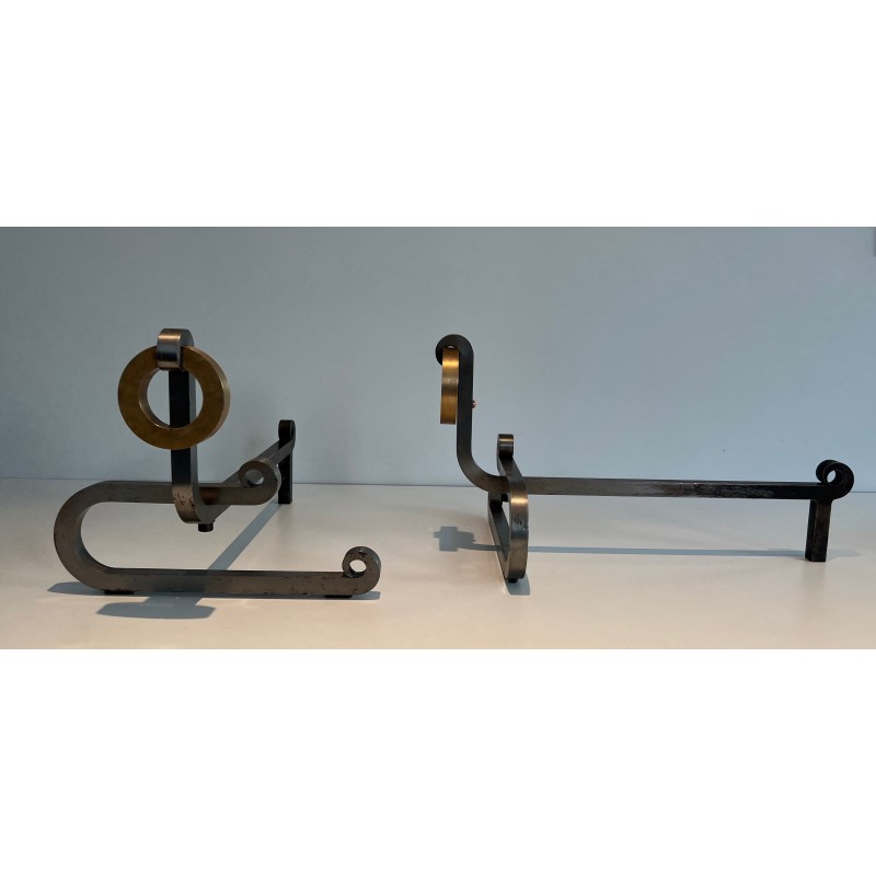 Pair of vintage modernist andirons in chromed steel, brass and wrought iron, 1970