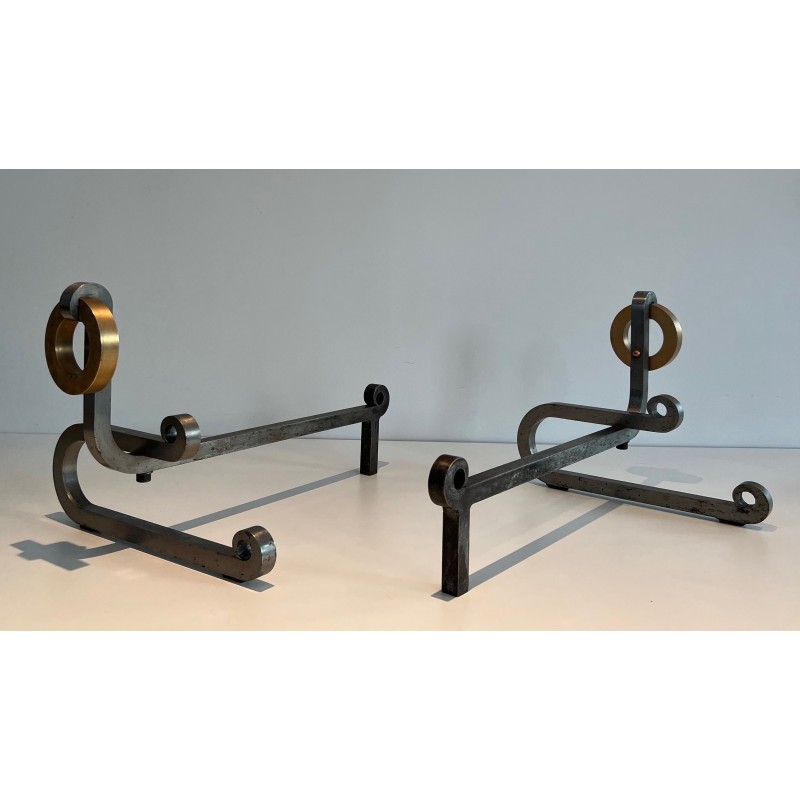 Pair of vintage modernist andirons in chromed steel, brass and wrought iron, 1970