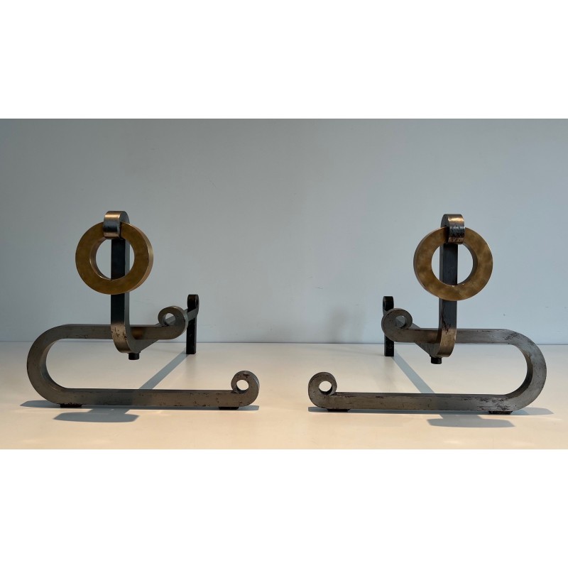 Pair of vintage modernist andirons in chromed steel, brass and wrought iron, 1970