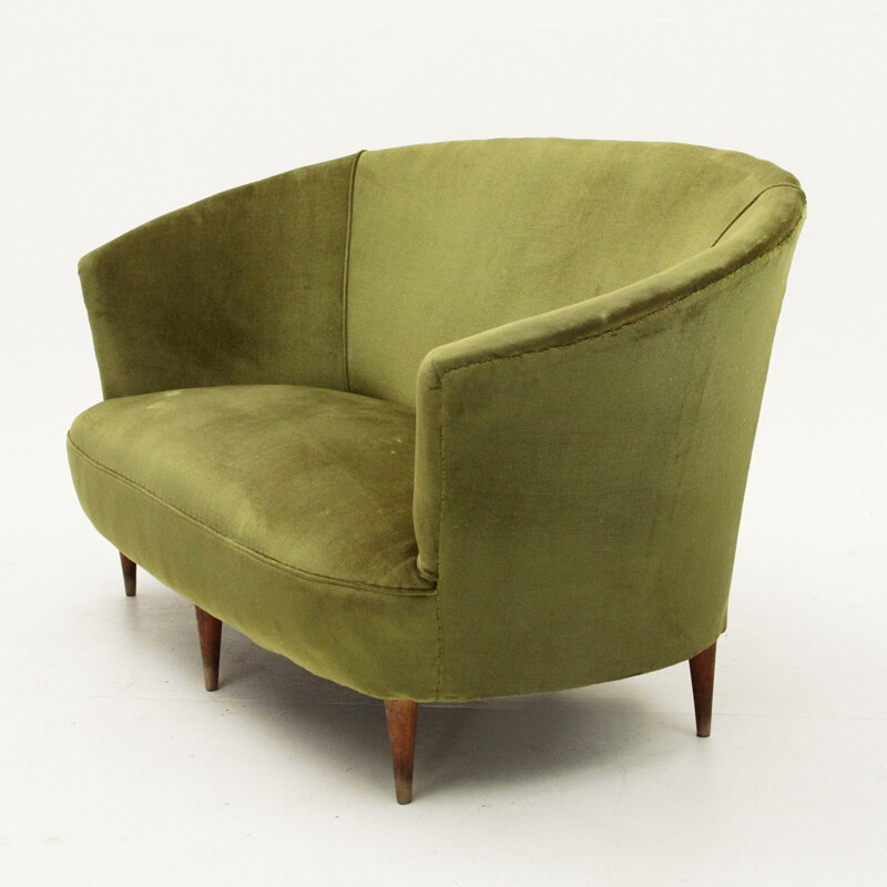 Italian Green Velvet Sofa with conical shaped legs - 1940s