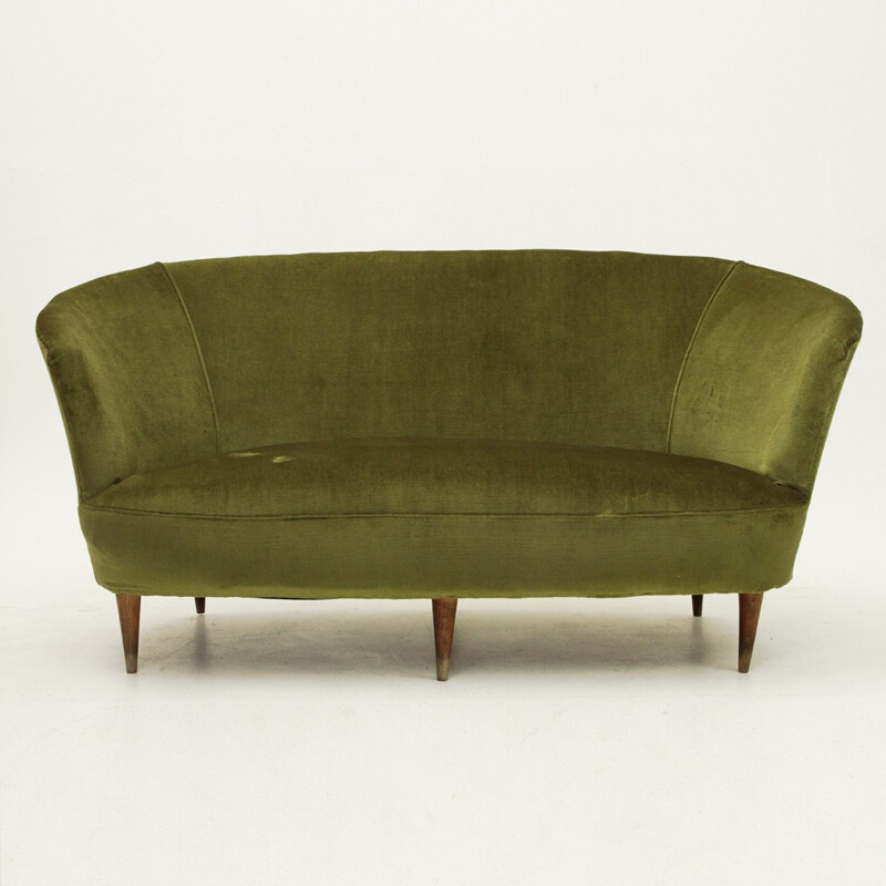 Italian Green Velvet Sofa with conical shaped legs - 1940s