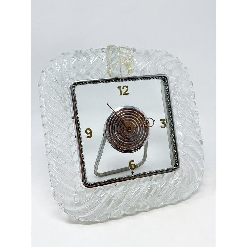 Reloj de sobremesa Art Decó de mediados de siglo en cristal de Murano, años 50