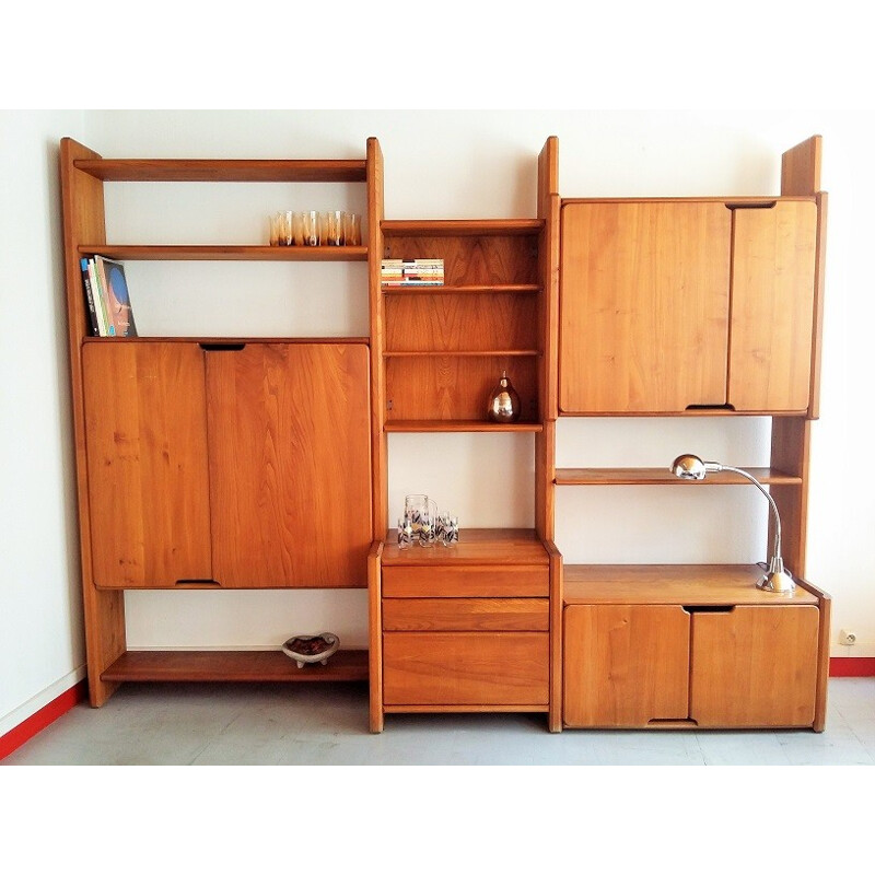 Set of solid elm Modular shelving unit by Pierre Chapo - 1980s