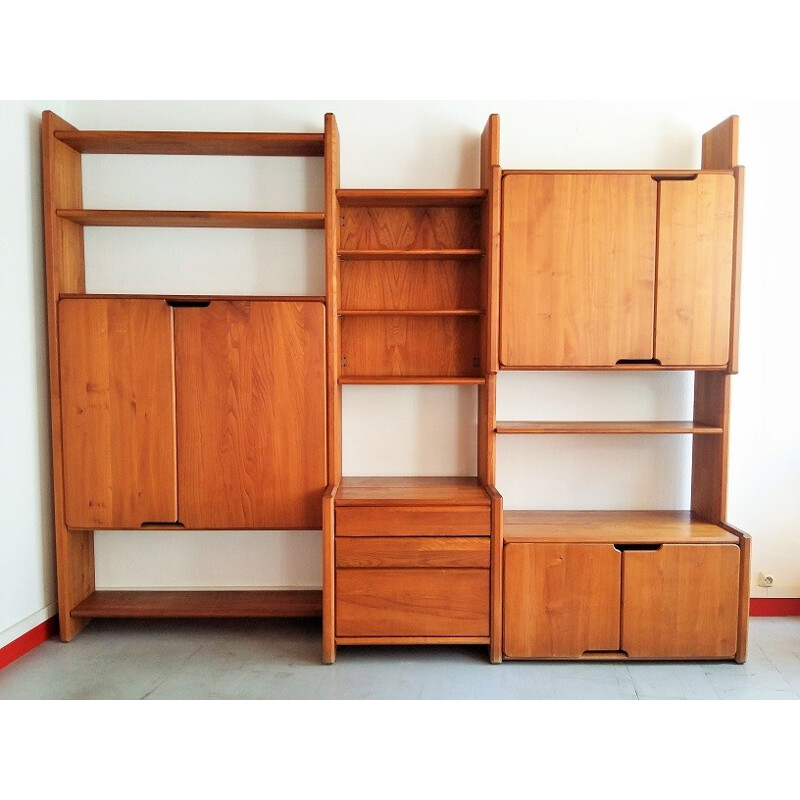 Set of solid elm Modular shelving unit by Pierre Chapo - 1980s