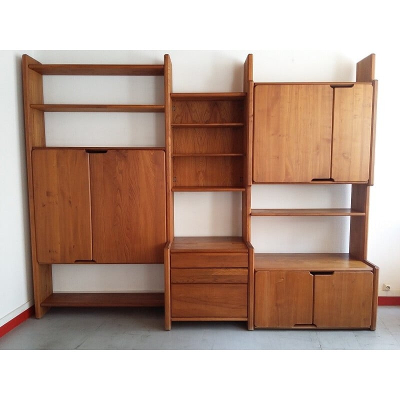 Set of solid elm Modular shelving unit by Pierre Chapo - 1980s