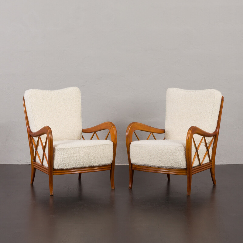 Pair of vintage armchairs in natural boucle fabric and cherry wood by Paolo Buffa, Italy 1950s
