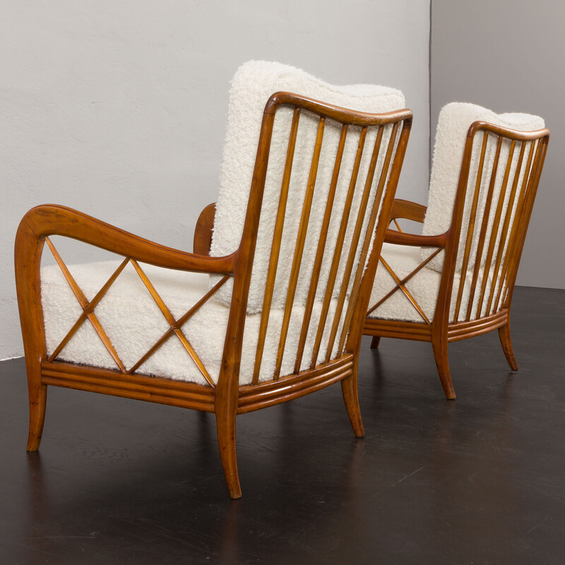 Pair of vintage armchairs in natural boucle fabric and cherry wood by Paolo Buffa, Italy 1950s