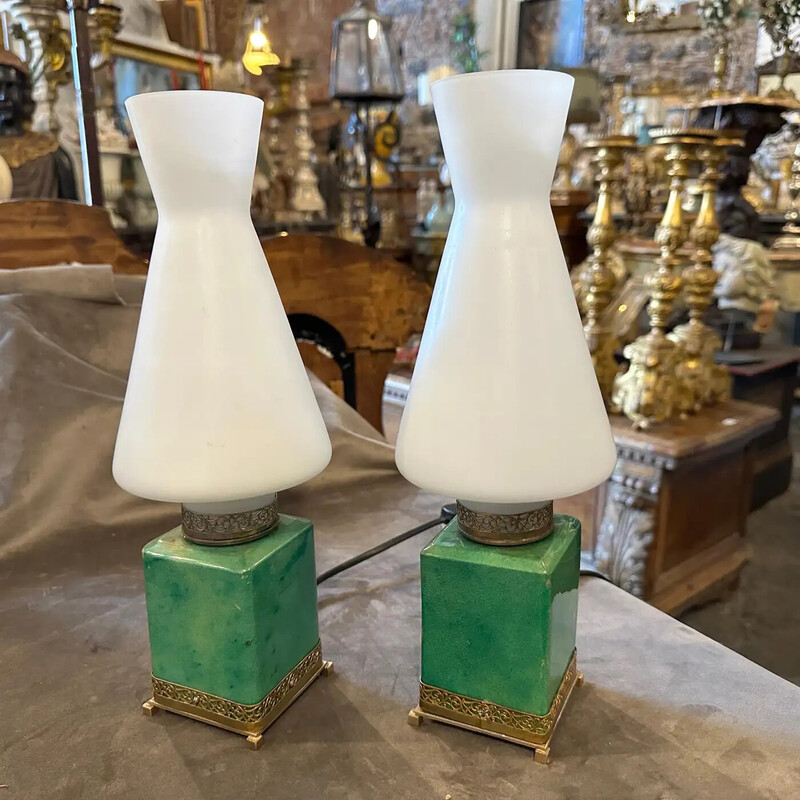 Pair of mid-century brass and green goatskin bed lamps by Aldo Tura, 1950s
