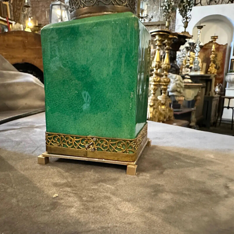 Pair of mid-century brass and green goatskin bed lamps by Aldo Tura, 1950s