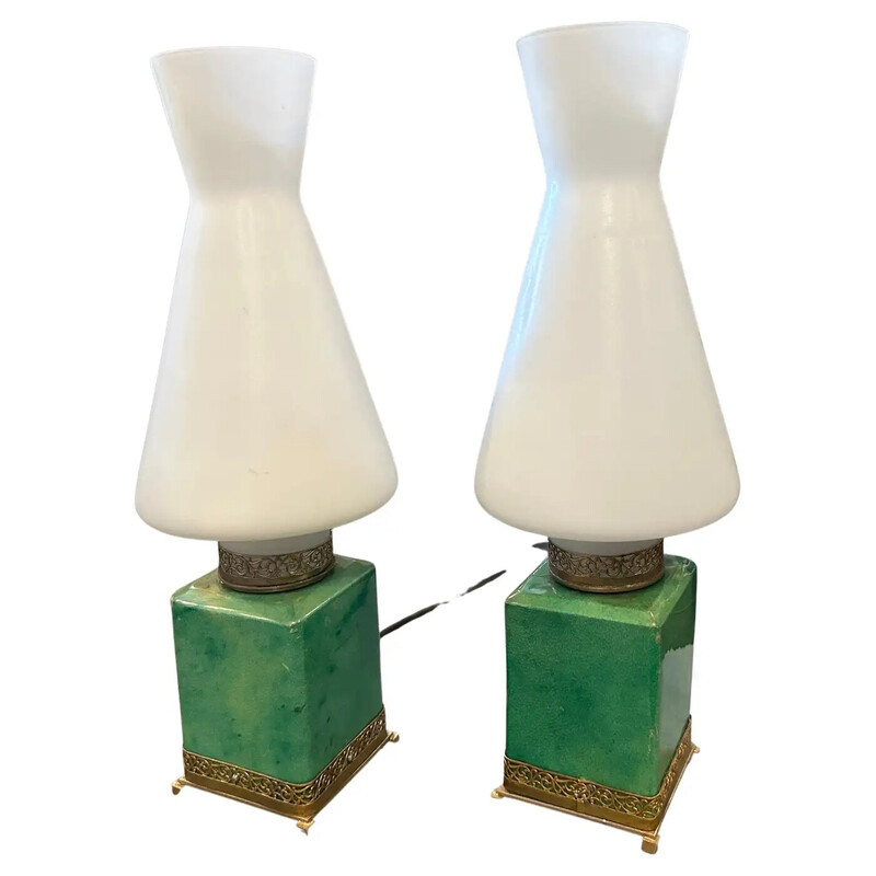 Paire de lampes de chevet vintage en laiton et peau de chèvre verte par Aldo Tura, 1950