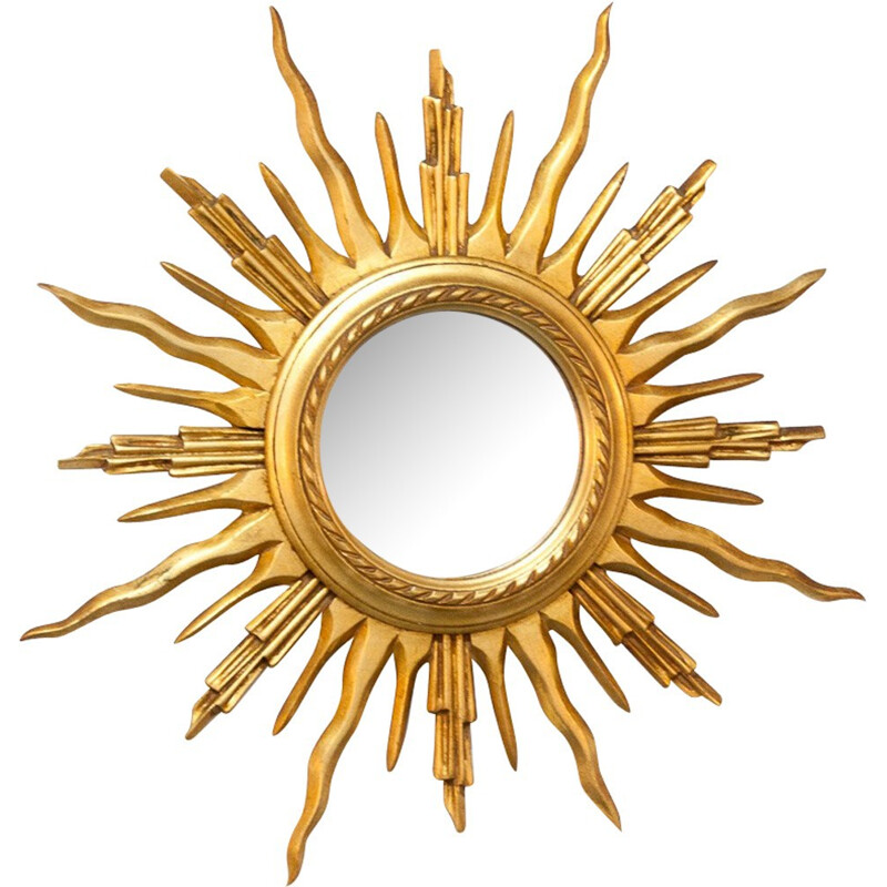 Miroir soleil bombé avec cadre doré - 1960