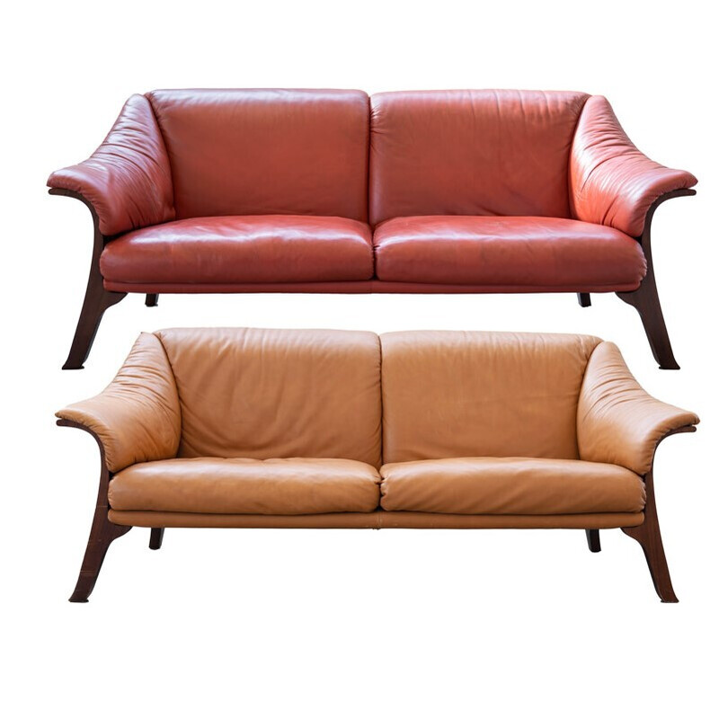 Pair of vintage Frau cognac and burgundy leather sofas, 1980s-1990s