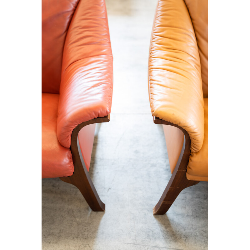 Pair of vintage Frau cognac and burgundy leather sofas, 1980s-1990s