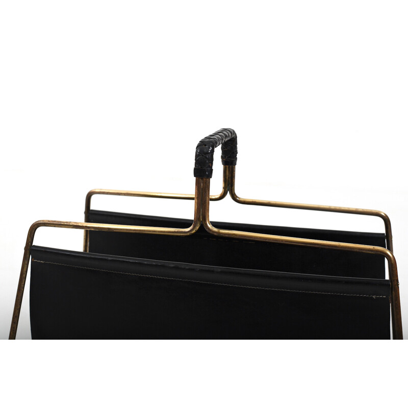 Vintage magazin rack in brass and leather by Carl Auböck, 1950s