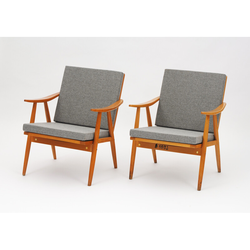 Set of 2 grey armchairs in beechwood - 1960s