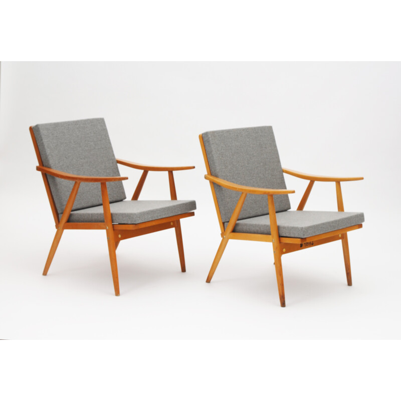 Set of 2 grey armchairs in beechwood - 1960s