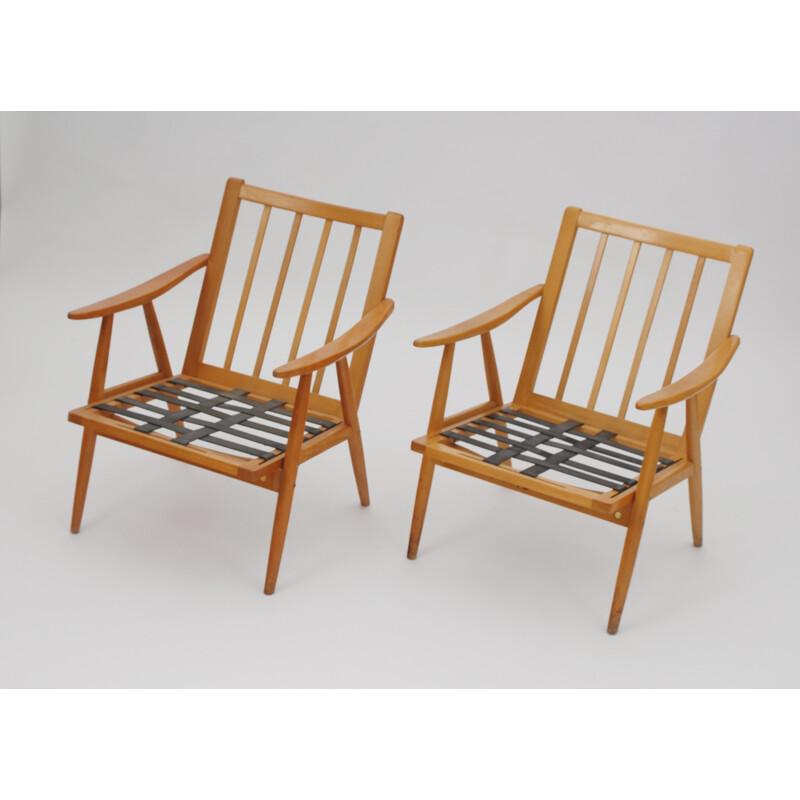 Paar grijze beuken fauteuils - 1960