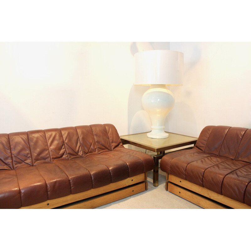 Vintage Dutch living room set in wood and cognac leather