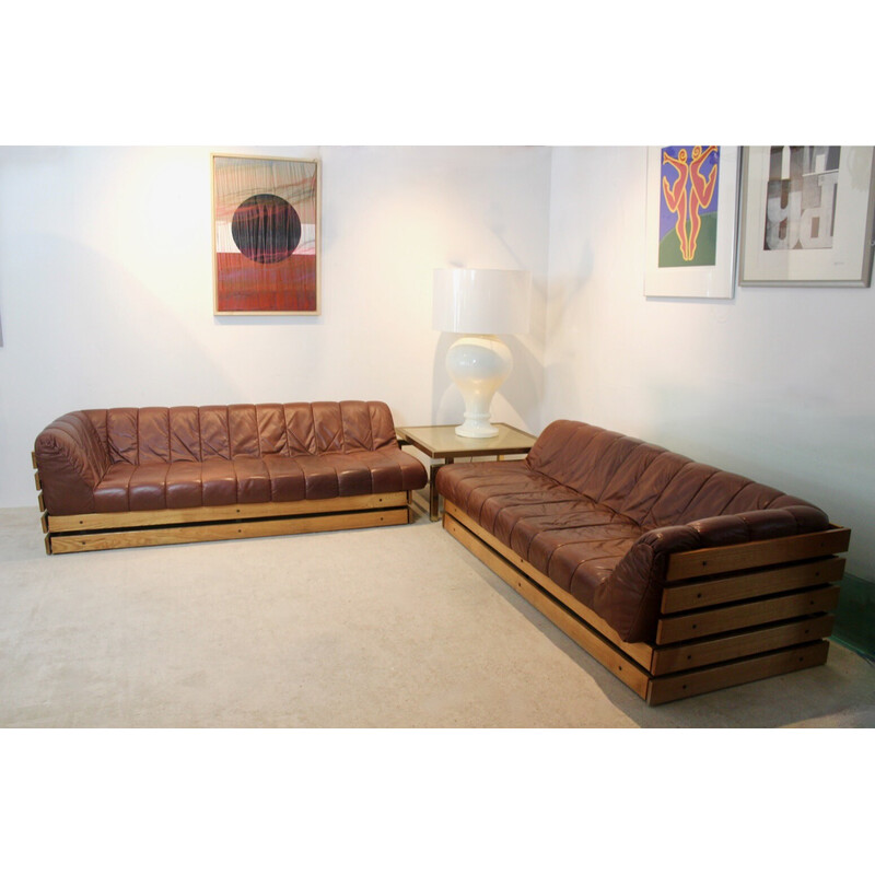 Vintage Dutch living room set in wood and cognac leather