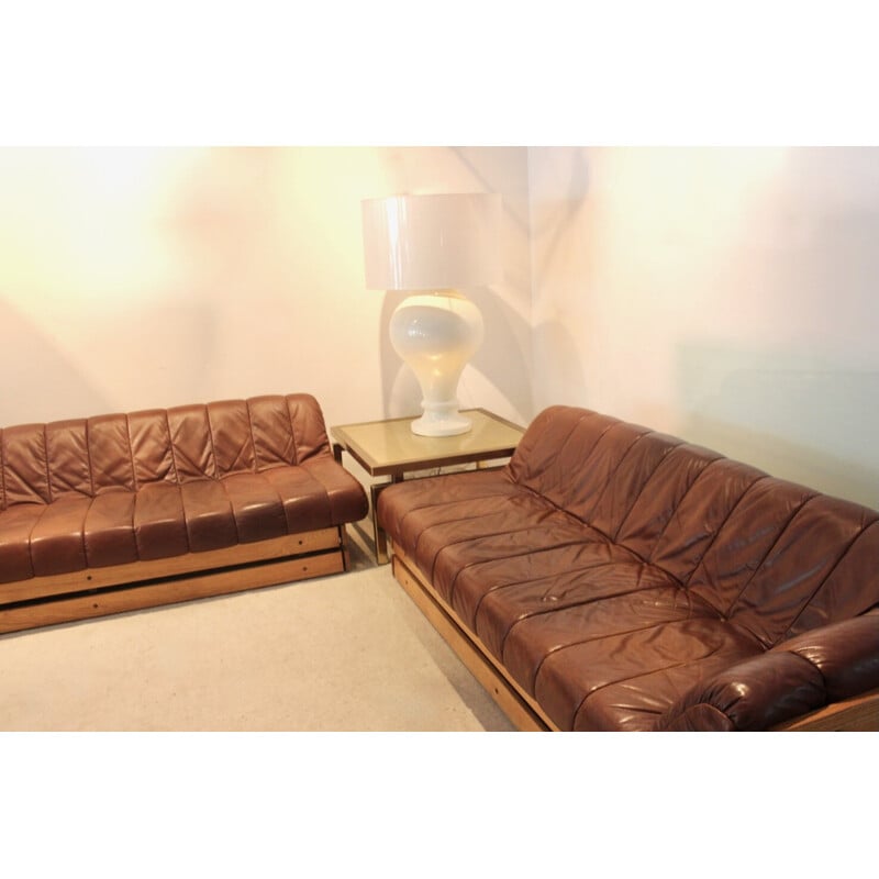 Vintage Dutch living room set in wood and cognac leather