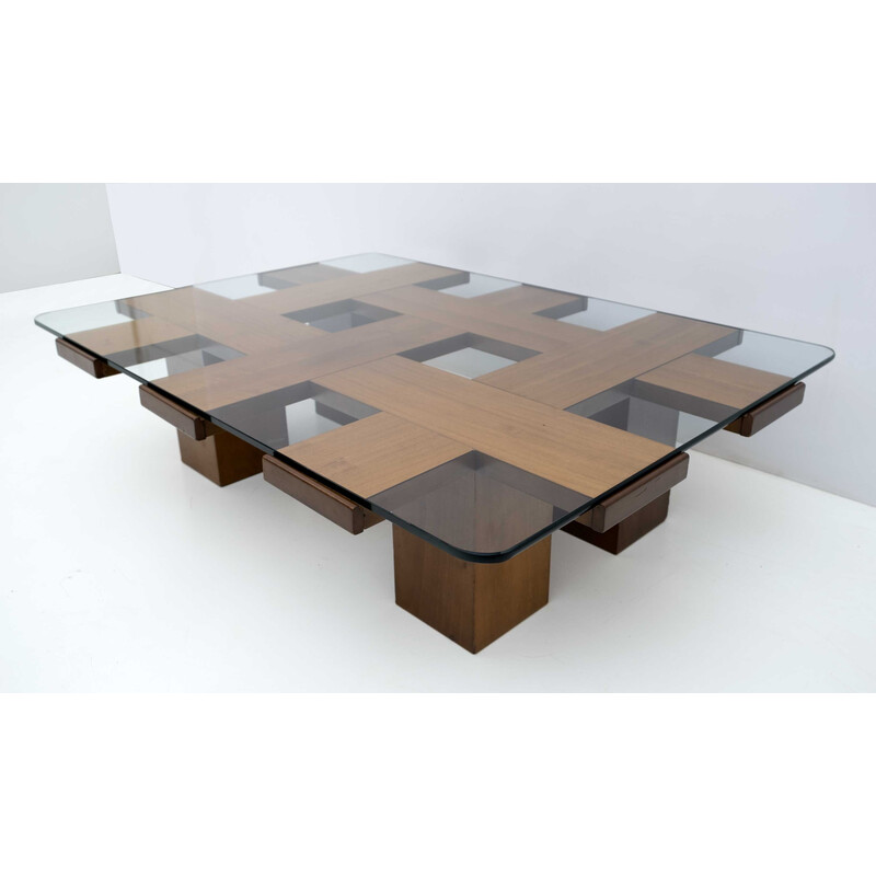 Mid-century ashwood and glass grid motif coffee table, 1960s