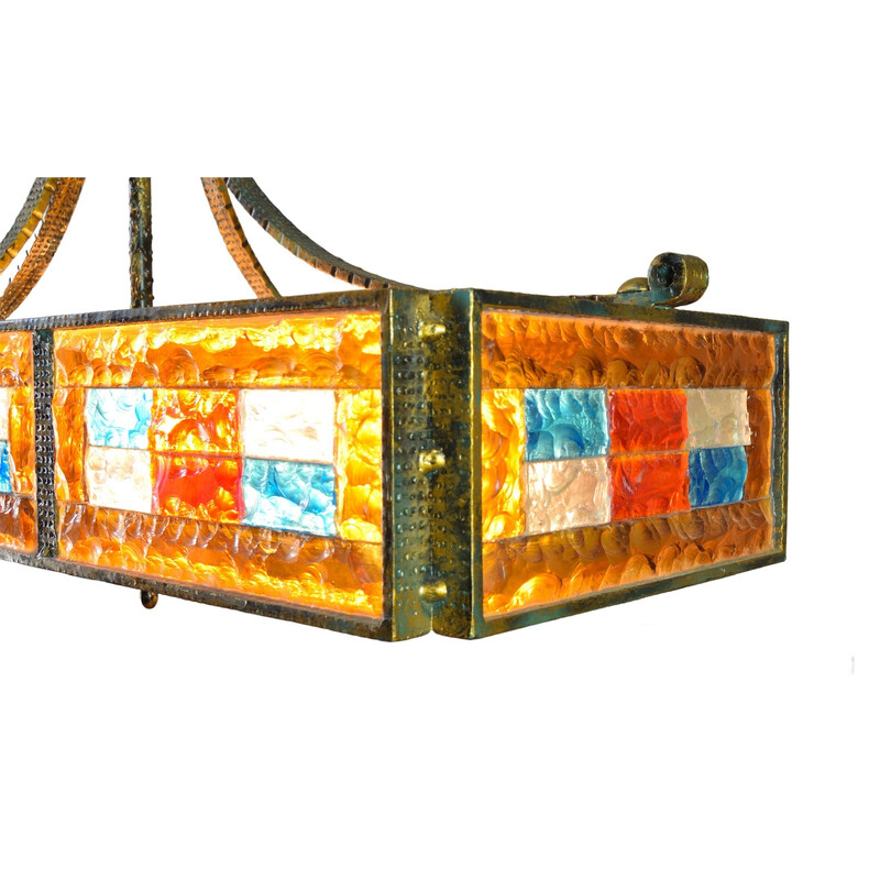 Mid century Italian Brutalist colors Murano glass chandelier by Longobard for Poliarte