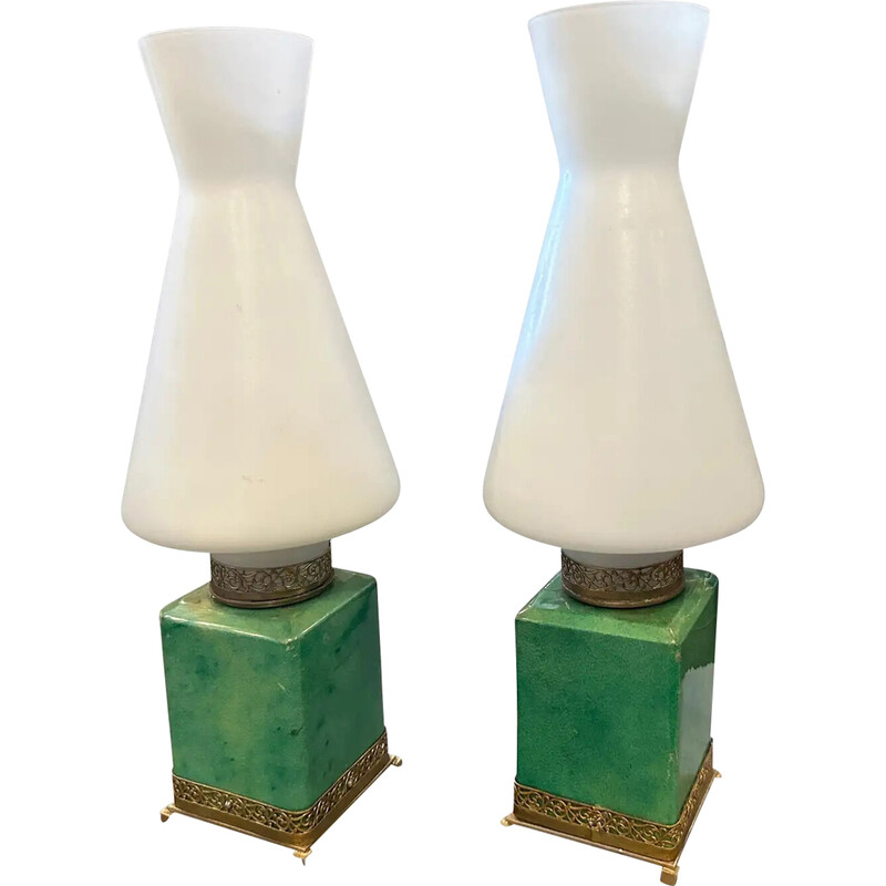 Paire de lampes de chevet vintage en laiton et peau de chèvre verte par Aldo Tura, 1950