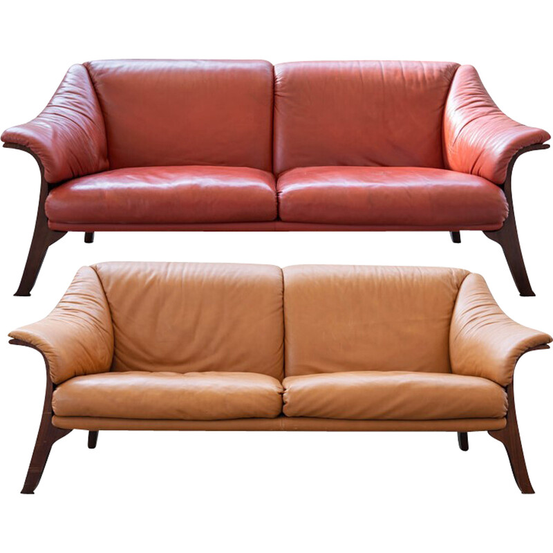 Pair of vintage Frau cognac and burgundy leather sofas, 1980s-1990s