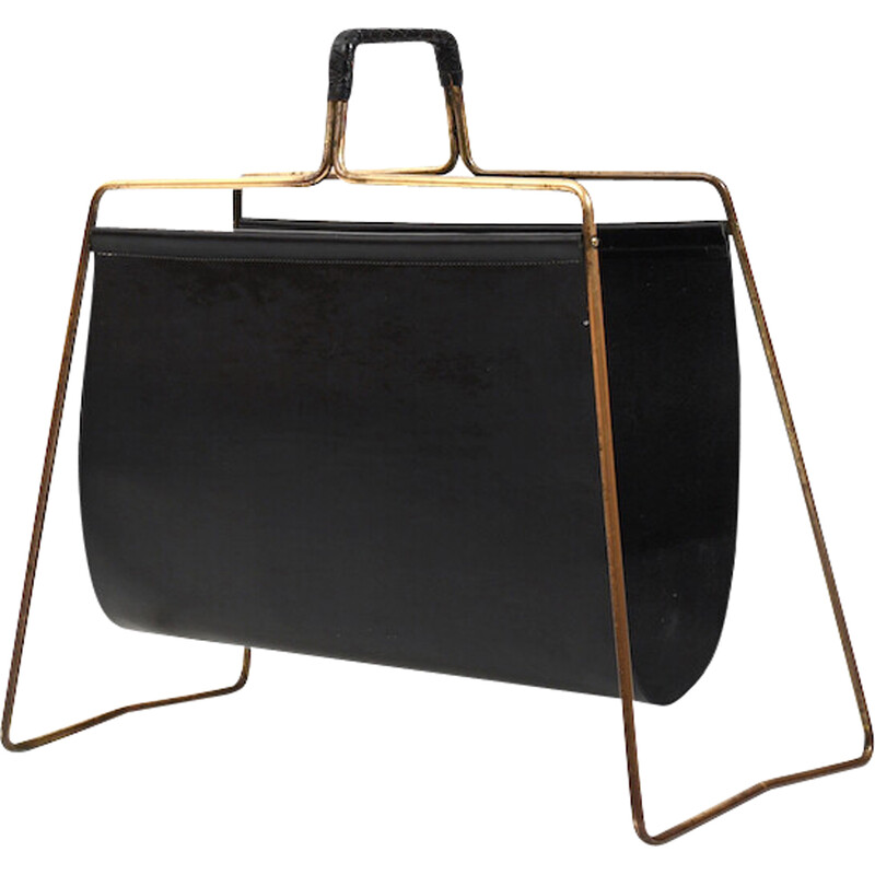 Vintage magazin rack in brass and leather by Carl Auböck, 1950s