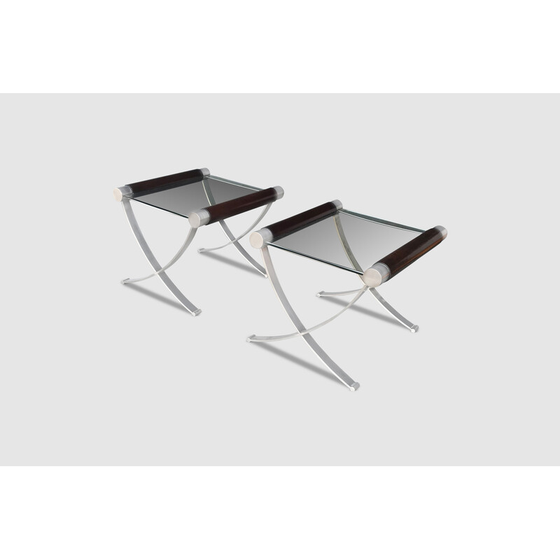 Pair of vintage modernist glass, walnut and brushed steel side tables, Italy 1970s
