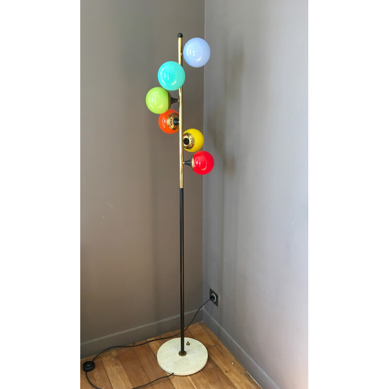 Multicoloured mid-century floor lamp in glass and brass produced by Stilnovo - 1960s