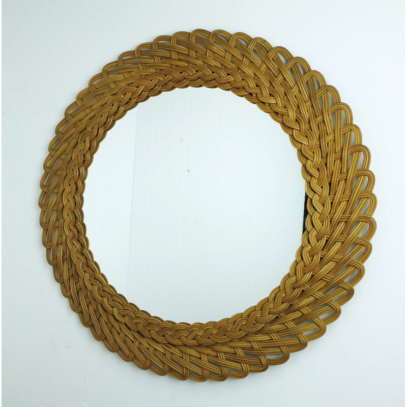 Round wall mirror in rattan - 1950s