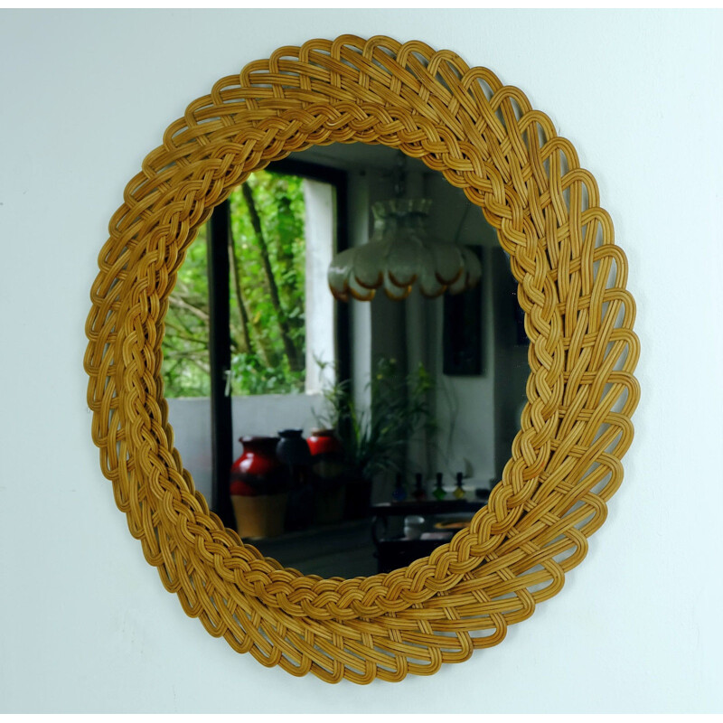 Round wall mirror in rattan - 1950s