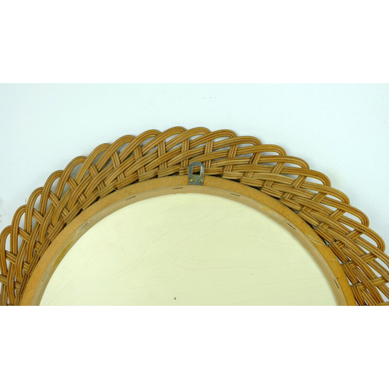 Round wall mirror in rattan - 1950s