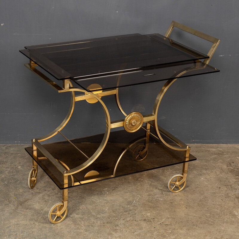 Vintage French three tier brass and glass bar trolley by Maison Bagues