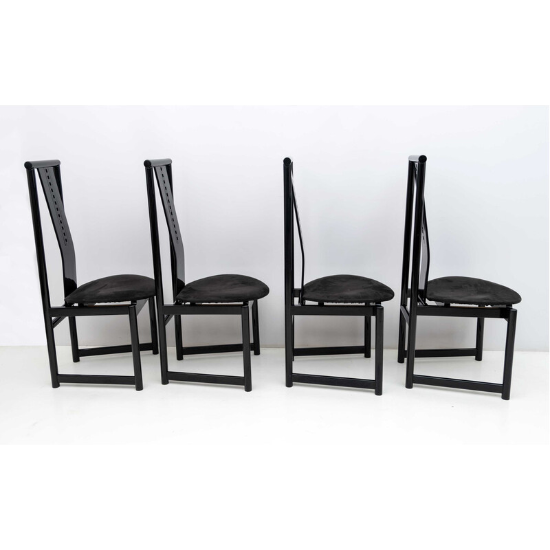 Set of 4 vintage black lacquered high back chairs, 1979