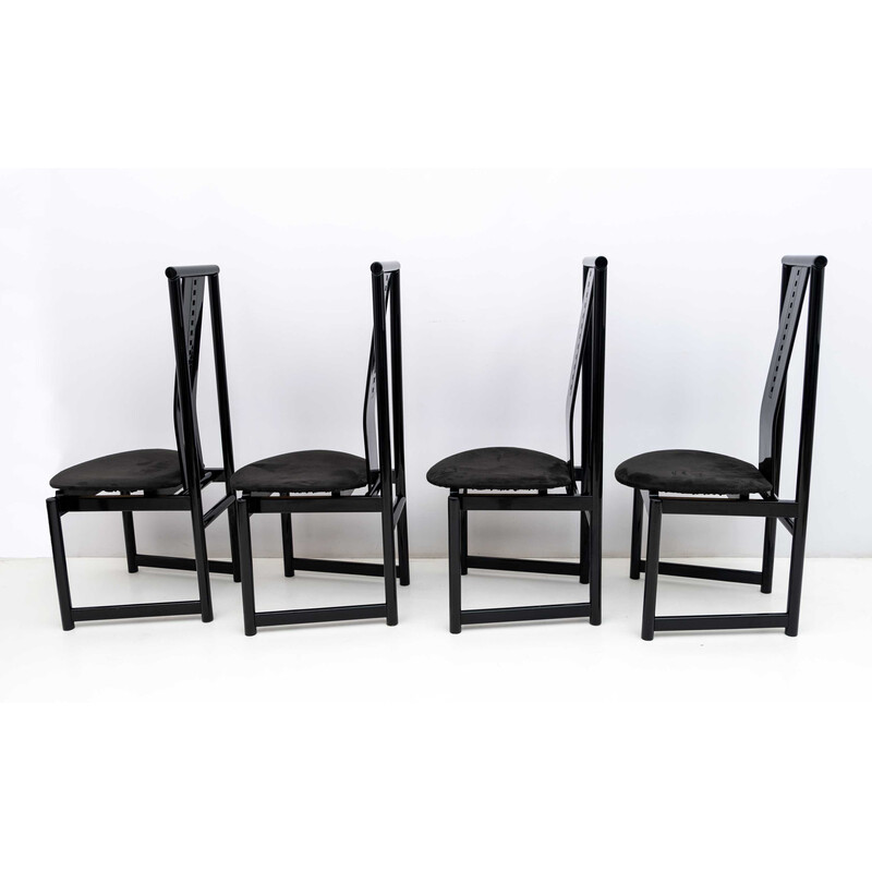 Set of 4 vintage black lacquered high back chairs, 1979