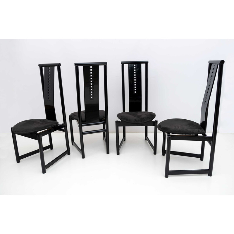 Set of 4 vintage black lacquered high back chairs, 1979