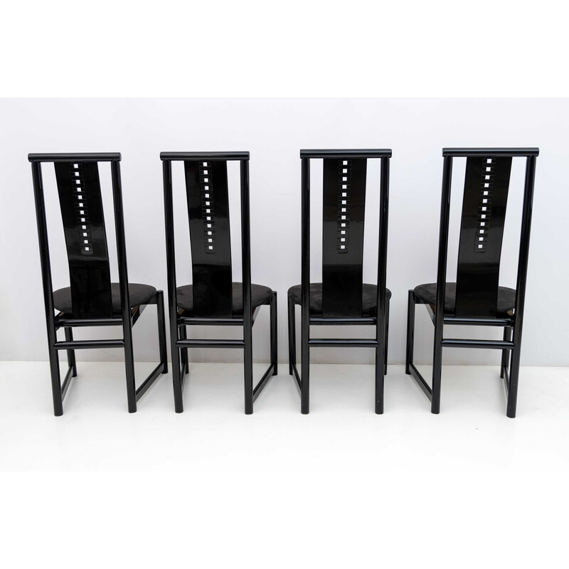 Set of 4 vintage black lacquered high back chairs, 1979