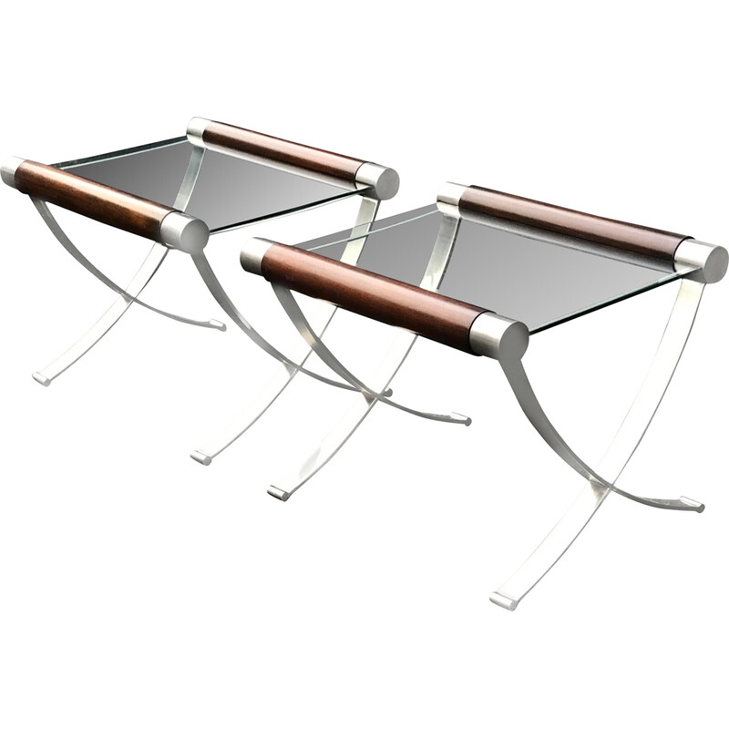 Pair of vintage modernist glass, walnut and brushed steel side tables, Italy 1970s