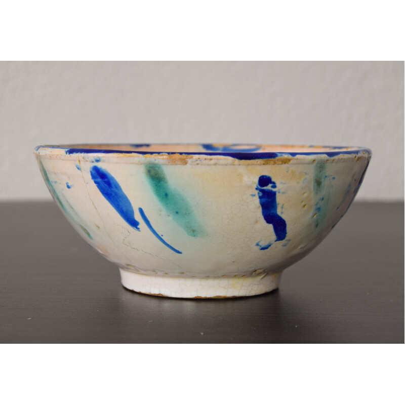 Vintage glazed terracotta Lebrillo bowl from Fajalauza, Spain