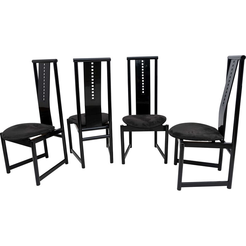 Set van 4 vintage zwart gelakte stoelen met hoge rugleuning, 1979