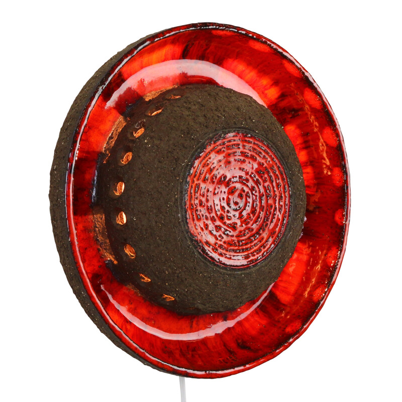 Red coloured circular ceramic wall light - 1960s