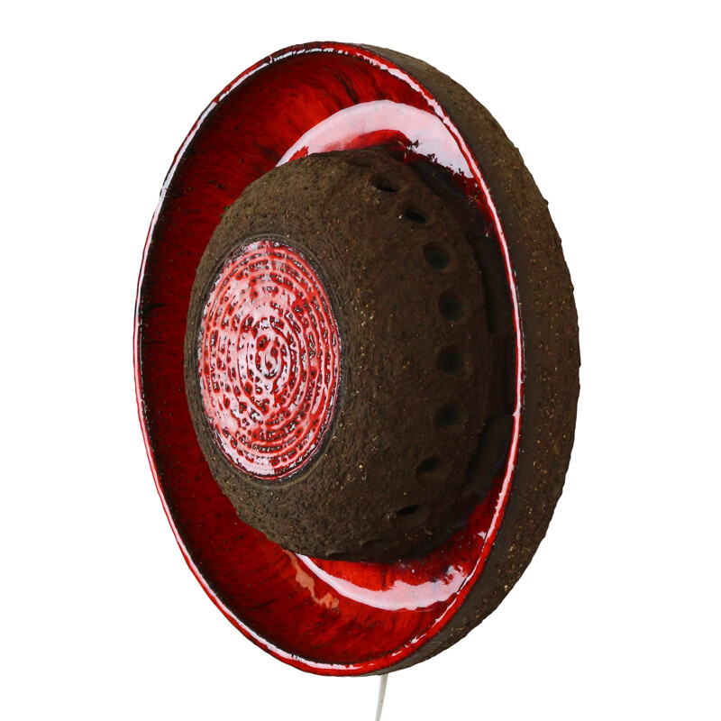 Red coloured circular ceramic wall light - 1960s