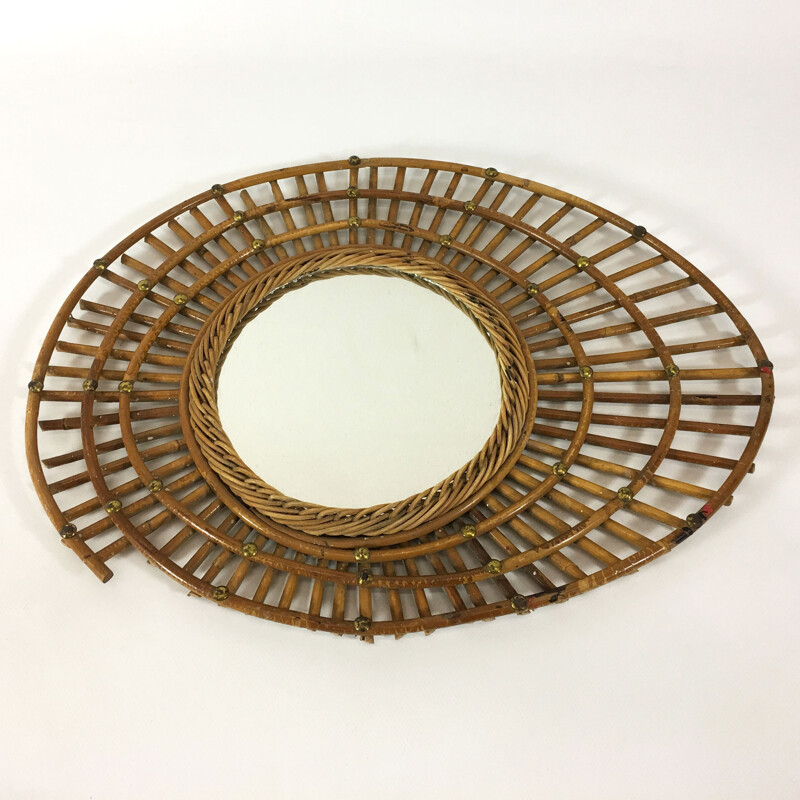 French elliptical rattan mirror - 1950s