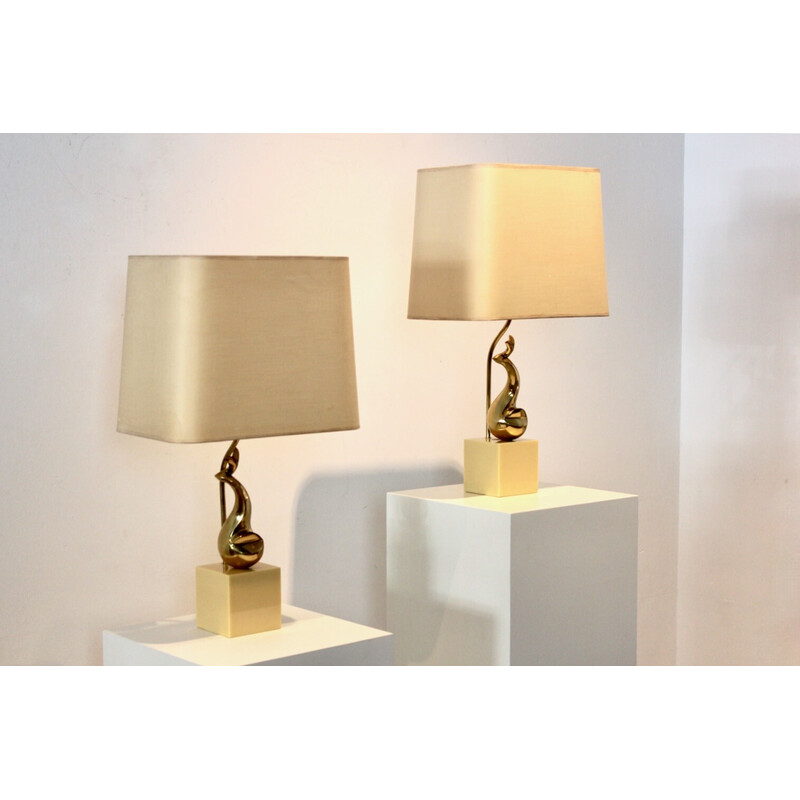 Pair of vintage brass Art Sculpture table lamps by Philippe-Jean, France 1970s