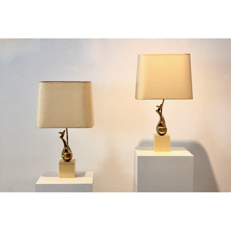 Pair of vintage brass Art Sculpture table lamps by Philippe-Jean, France 1970s