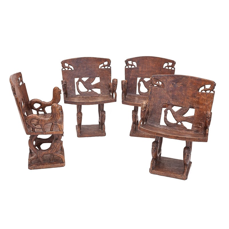 Set of 4 vintage carved armchairs, 1950