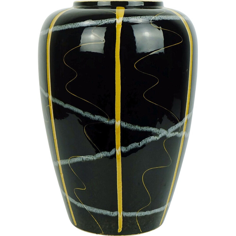 Scheurich mid-century black vase with ochre and grey - 1950s
